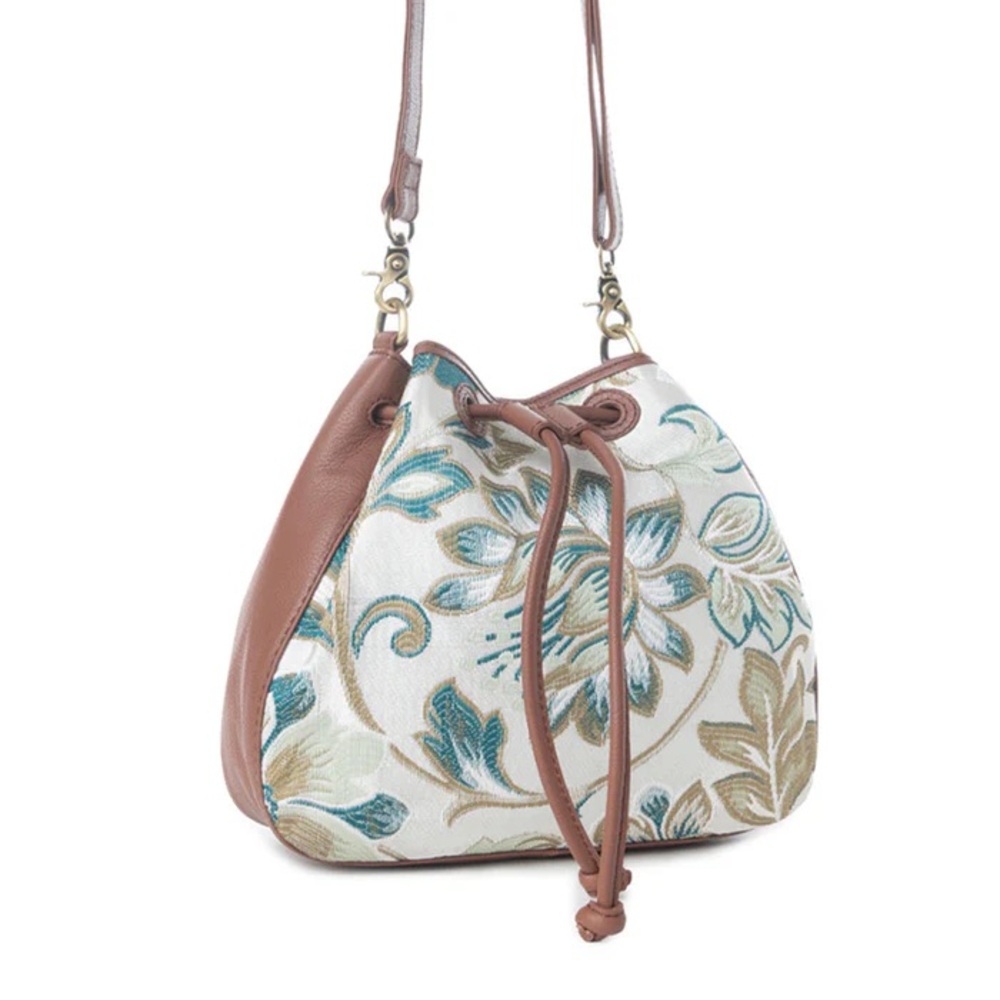 Floral Embroidered Drawstring Crossbody Bag in Brown leather and Teal